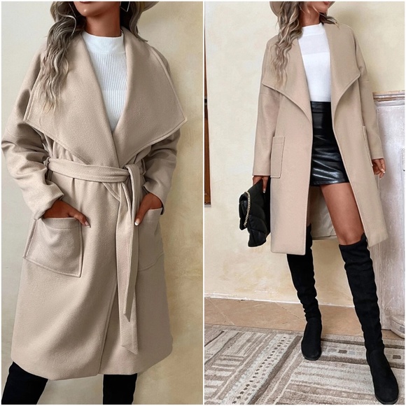 Jackets & Blazers - Classic Wide Collar Pocket Belted Jacket Coat
